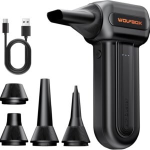 WOLFBOX MF60 Compressed Air Duster, 3-Speed Adjustable, Electric, Cordless 110,000 RPM, Rechargeable, Air Blower, Fast Charging, PC Keyboard Cleaning, Car, Home, Black, 0.5 lb Lightweight